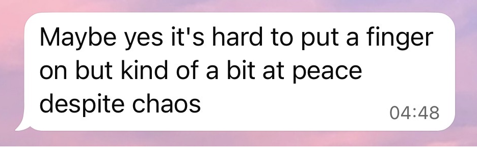 Client message about feeling at peace despite chaos